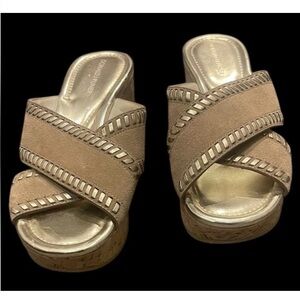 Donald Pliner Savee Whipstitch Cork Wedge Slide Sandal Beige Women's Size 9 M